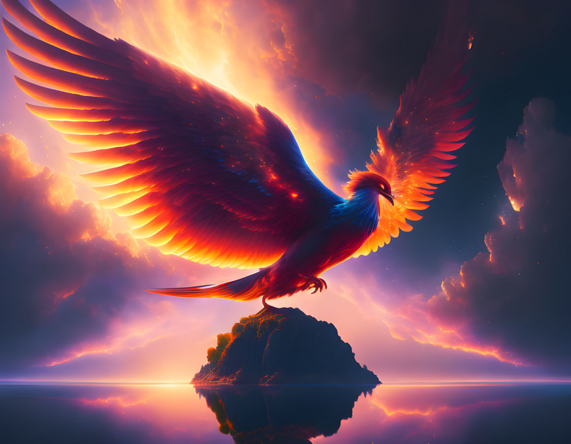 Fiery-winged phoenix flying over tranquil sea at sunset