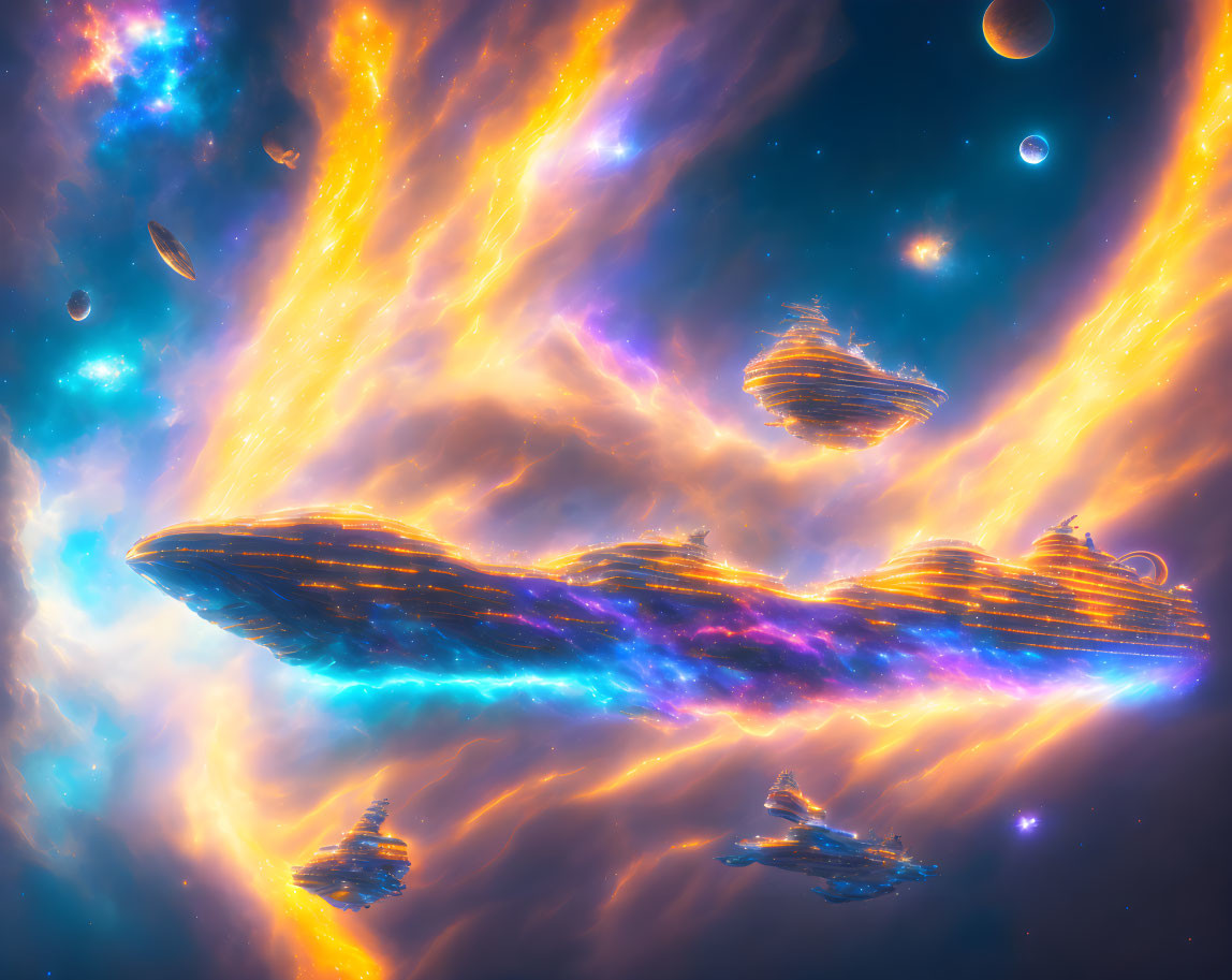 Colorful space artwork with nebulae and spacecrafts