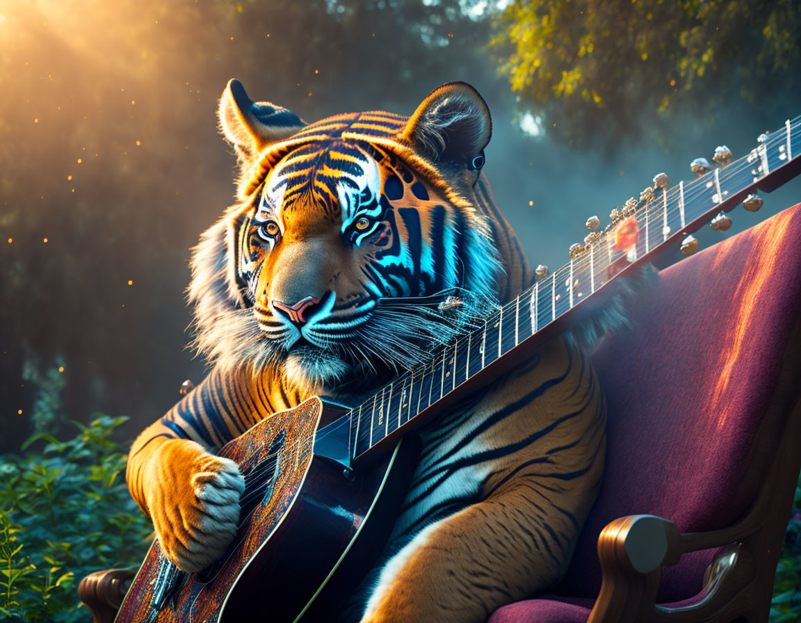 Tiger Playing Acoustic Guitar in Mystical Forest