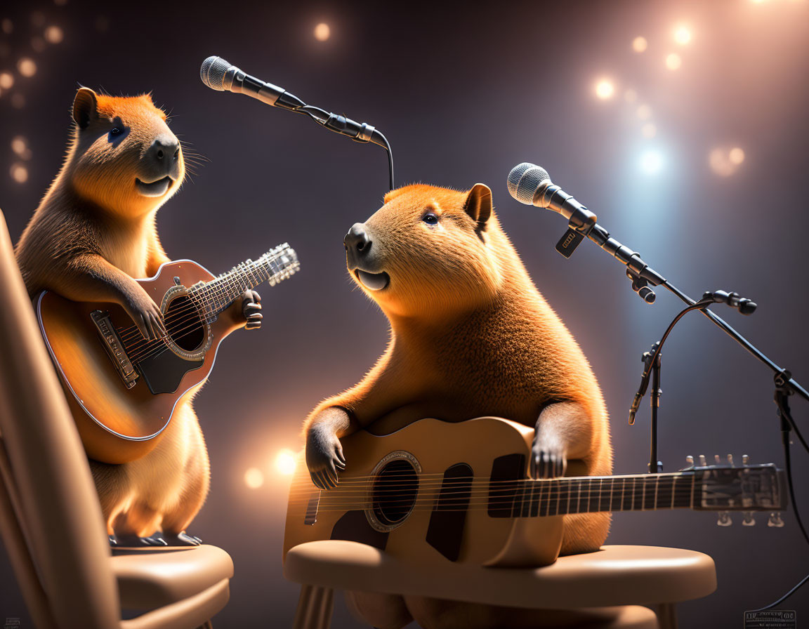 Animated capybaras playing guitars and singing on stage with spotlights