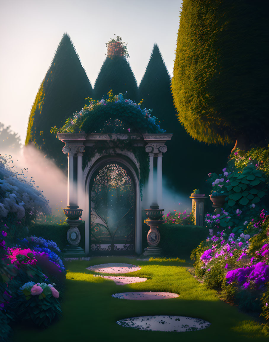 Tranquil garden with mystical archway and lush flowers