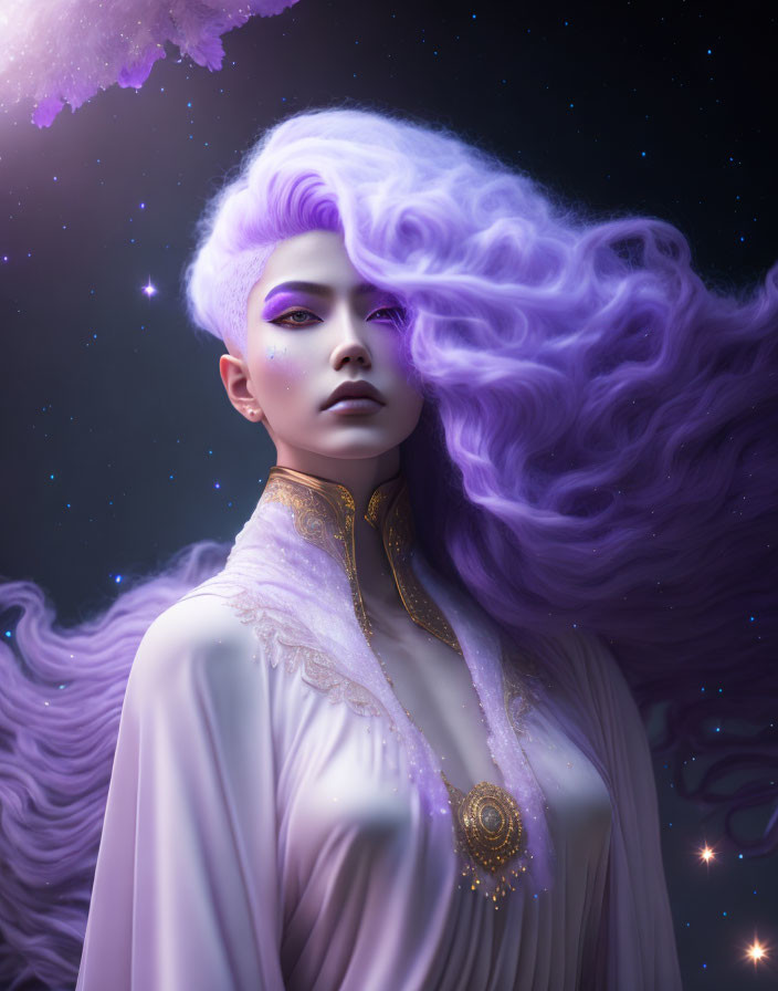 Ethereal woman with lavender hair in white and gold attire against cosmic backdrop