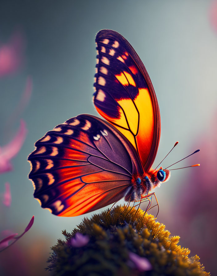 Colorful Butterfly Resting on Green Foliage with Pink Blooms Background