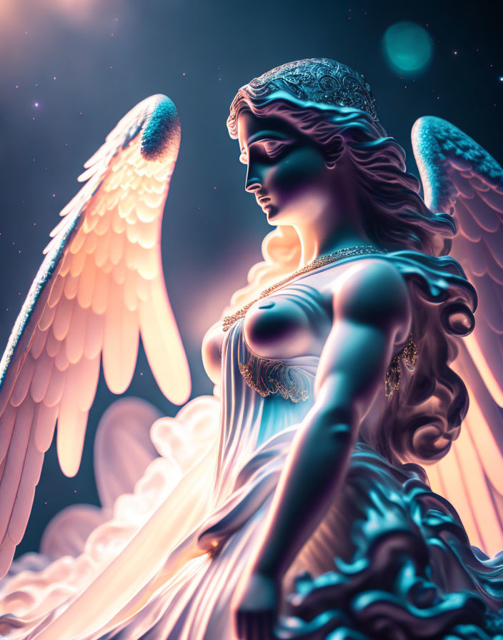 Detailed celestial angel with crown in starry sky