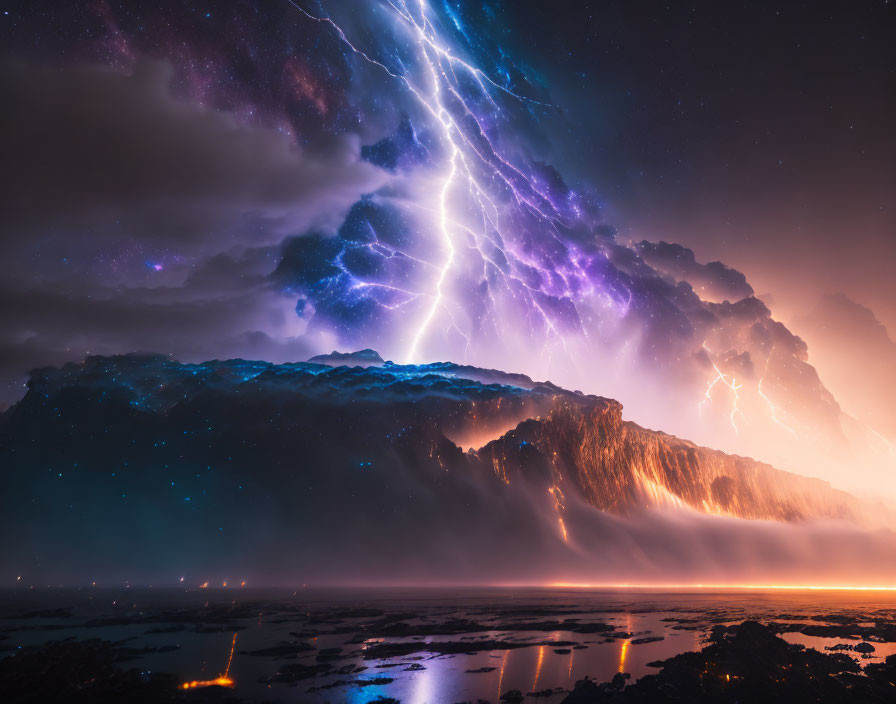 Mountain landscape with lightning and starry night sky.