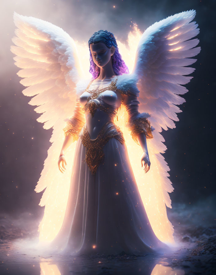 Glowing angelic figure in golden armor and flowing dress amid mystical haze