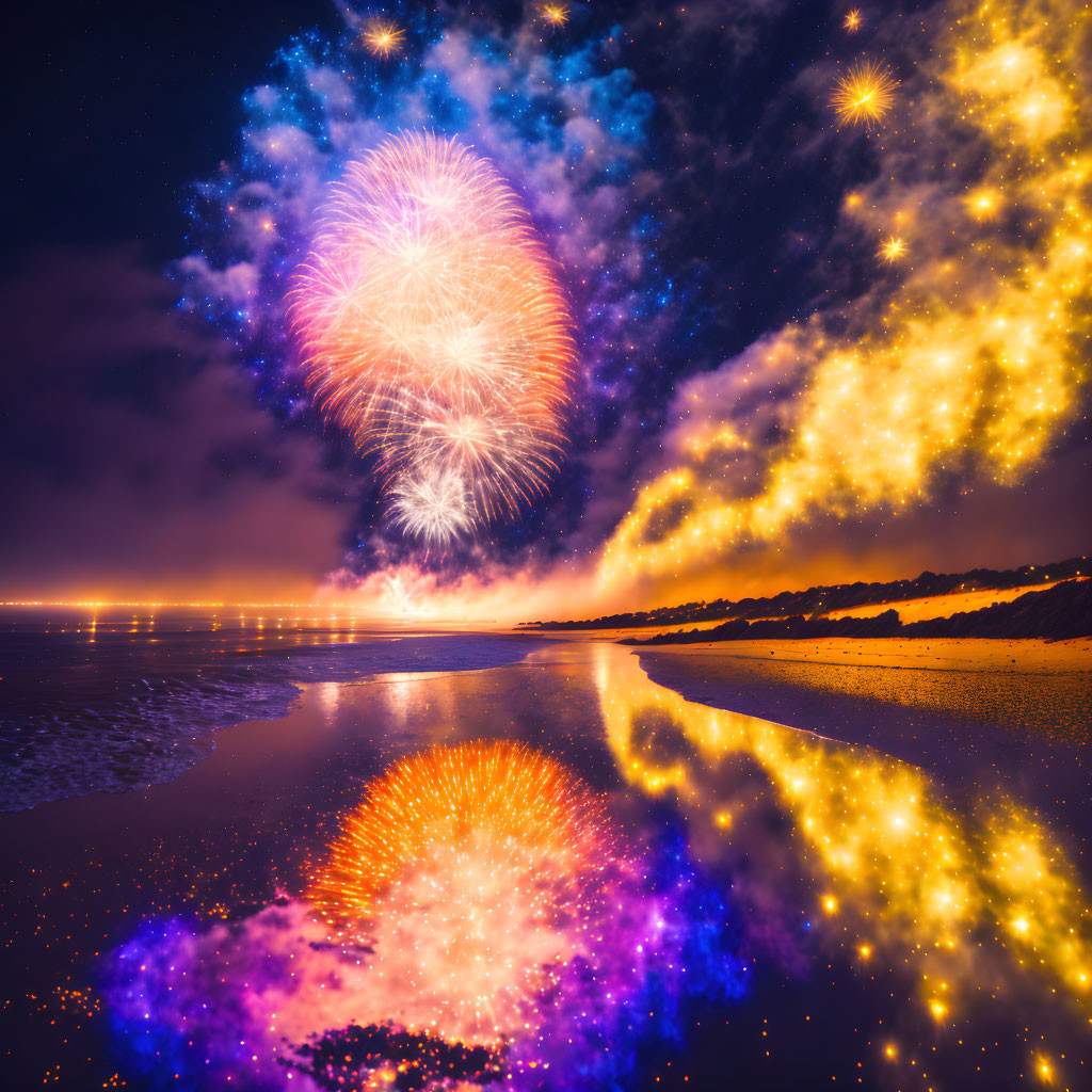 Colorful fireworks illuminate beach with vibrant reflections