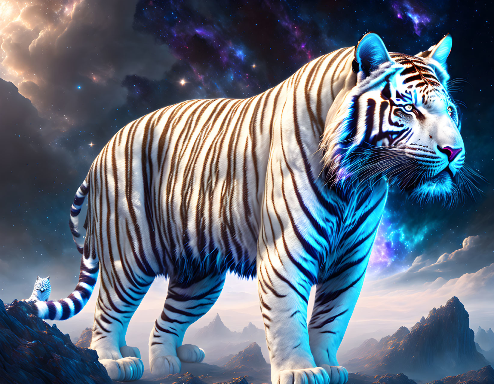 White Tiger with Blue Stripes on Rocky Terrain Under Cosmic Sky