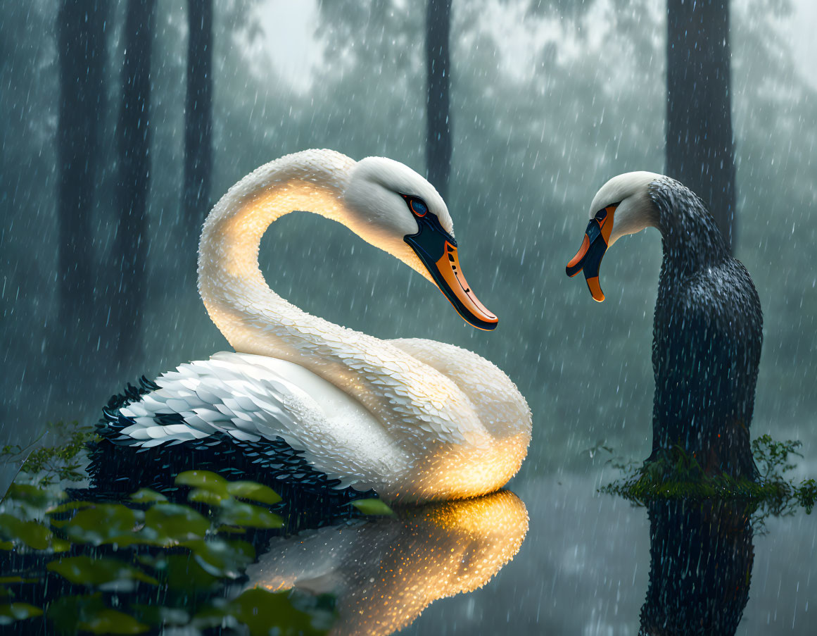 Swans creating heart shape on misty lake with greenery