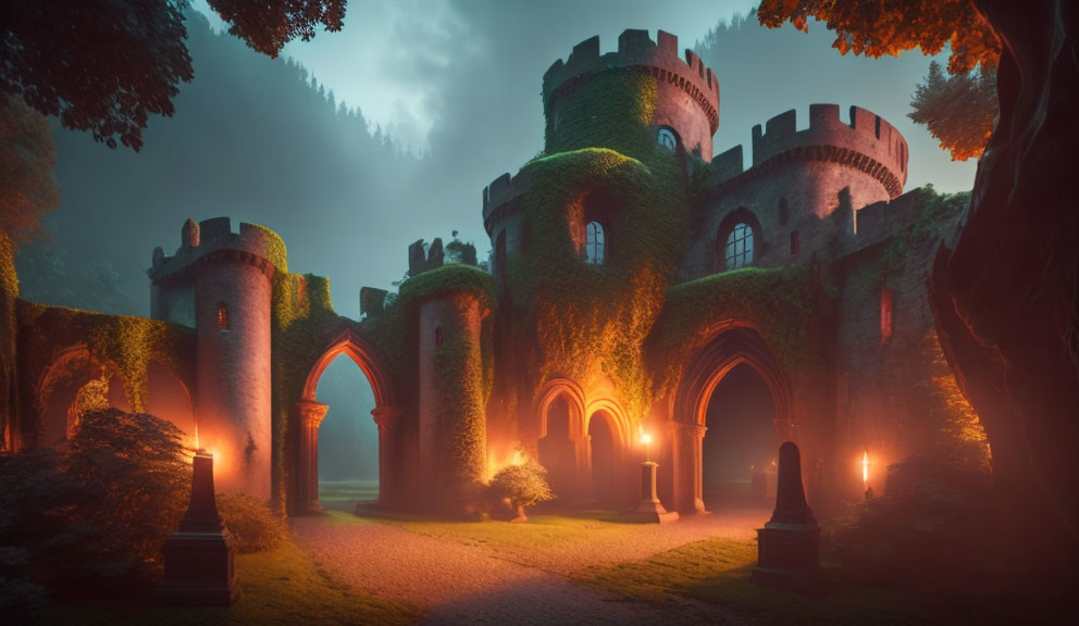 Ivy-covered castle at twilight with torches and mysterious fog