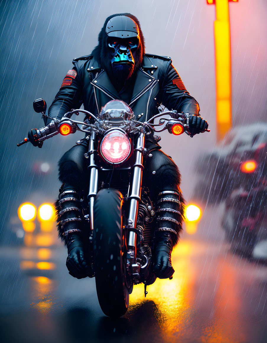 Person in Gorilla Mask Riding Motorcycle at Night in Rainy Cityscape