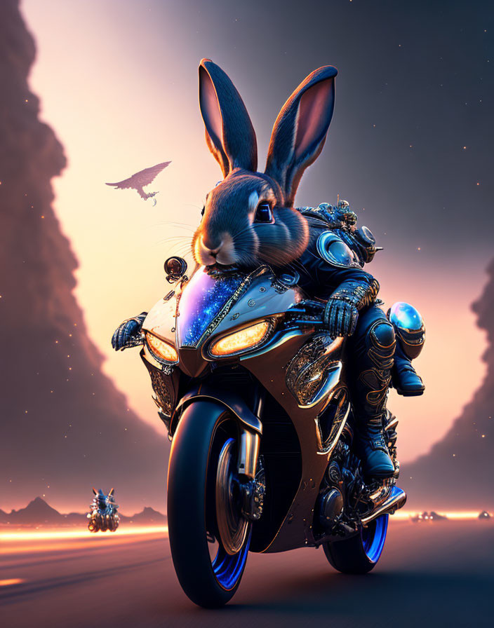 Futuristic armor-clad rabbit on motorcycle with twilight backdrop