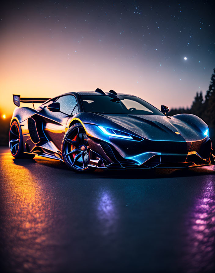 Black Sports Car with Wing Spoiler under Starry Night Sky