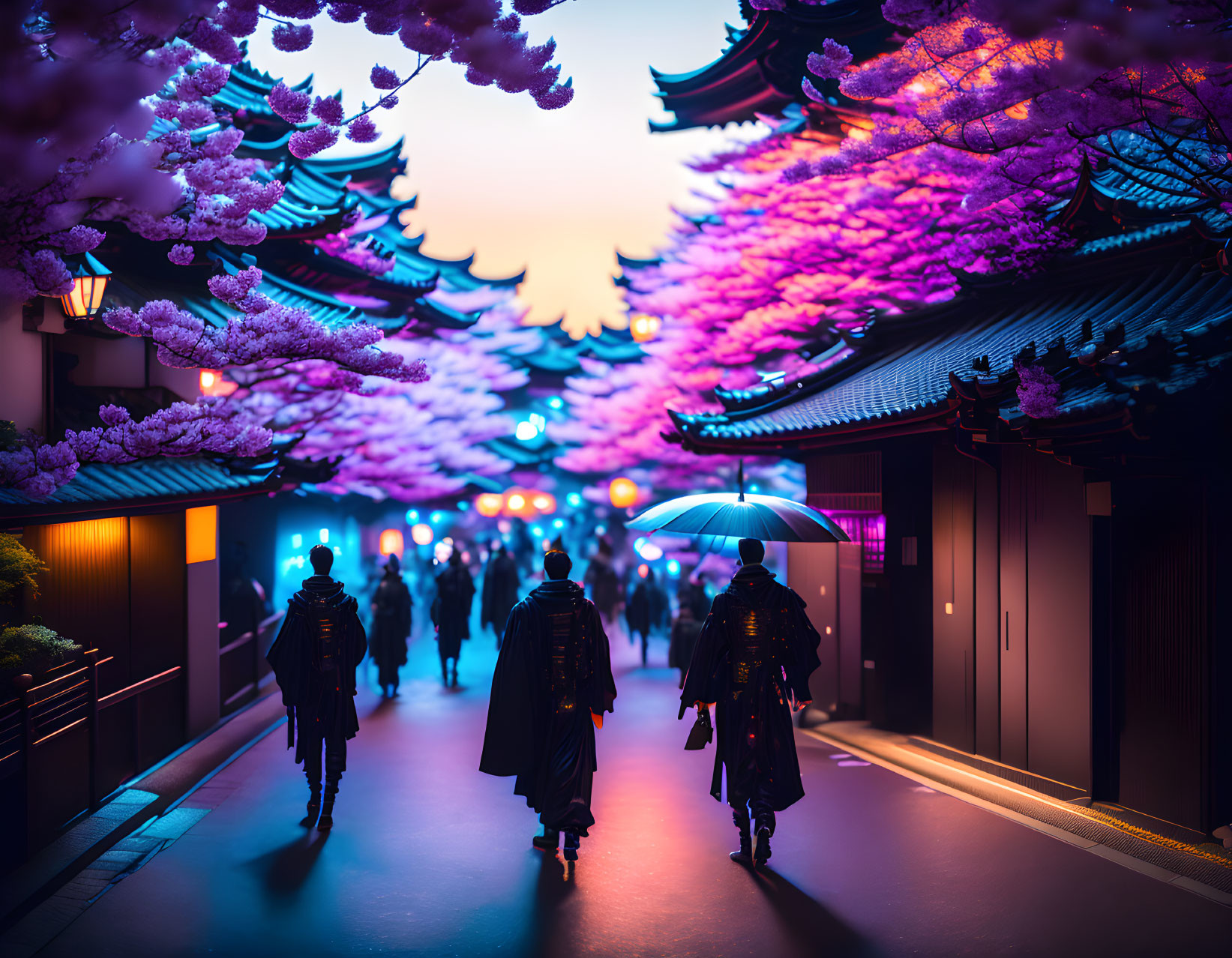 Traditional attire under cherry blossoms at dusk with glowing lanterns