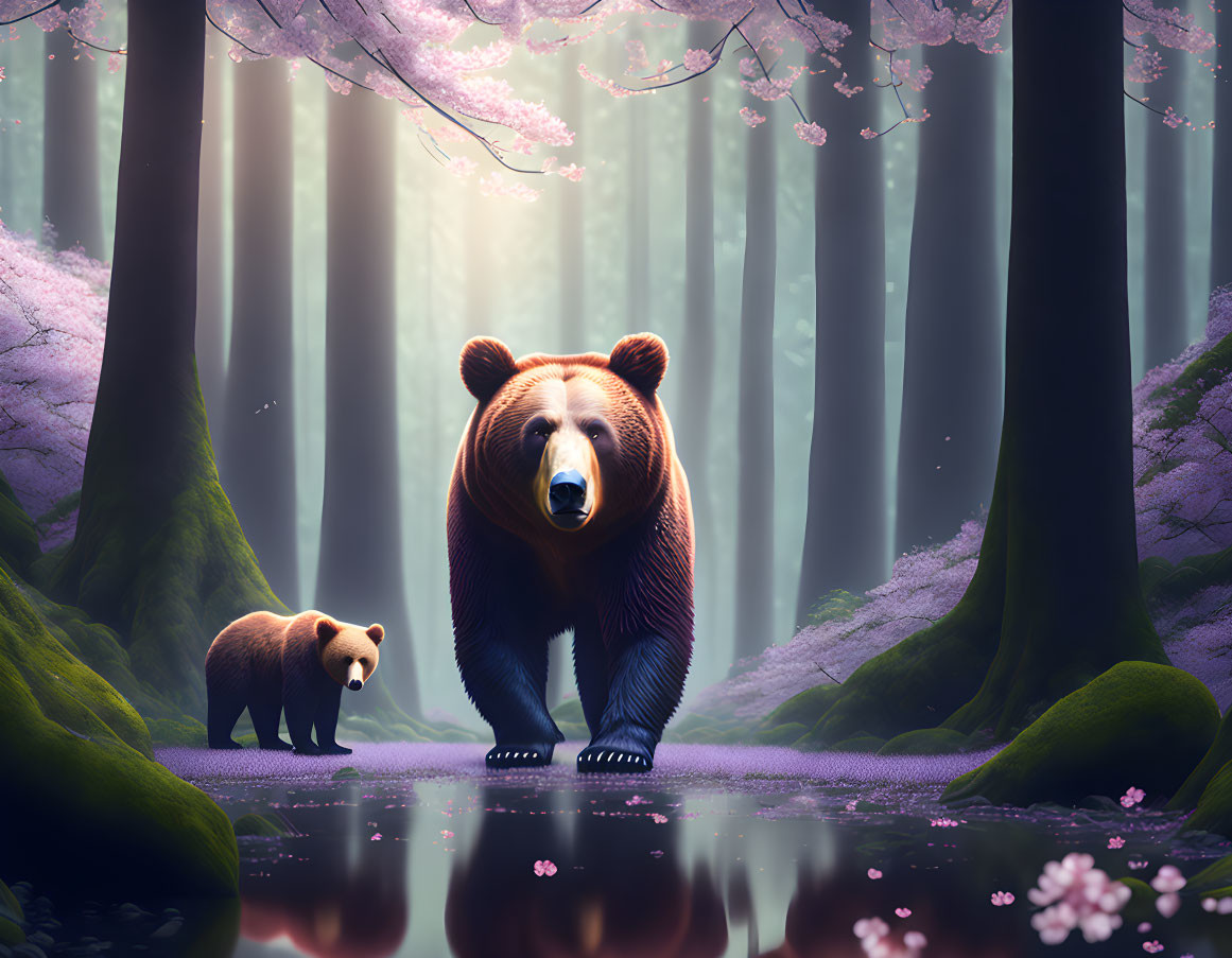 Adult bear and cub by serene forest pond with flowering trees and mist.