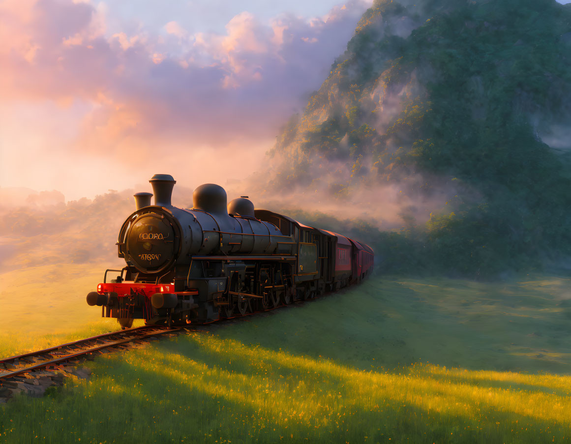 Vintage steam train in lush green landscape at sunrise