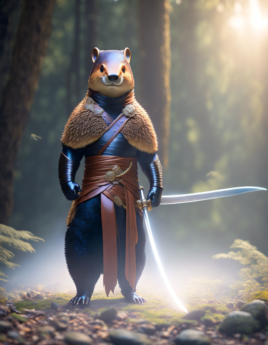 Anthropomorphic beaver warrior in forest with sword and armor