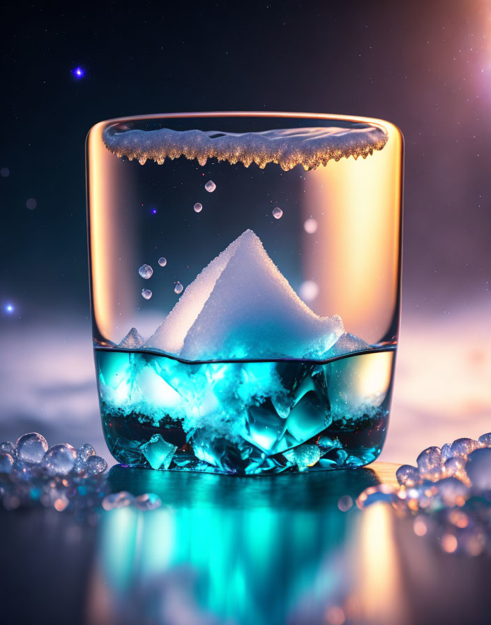 Glass with pyramid ice cube, bubbles, blue lighting, bokeh background