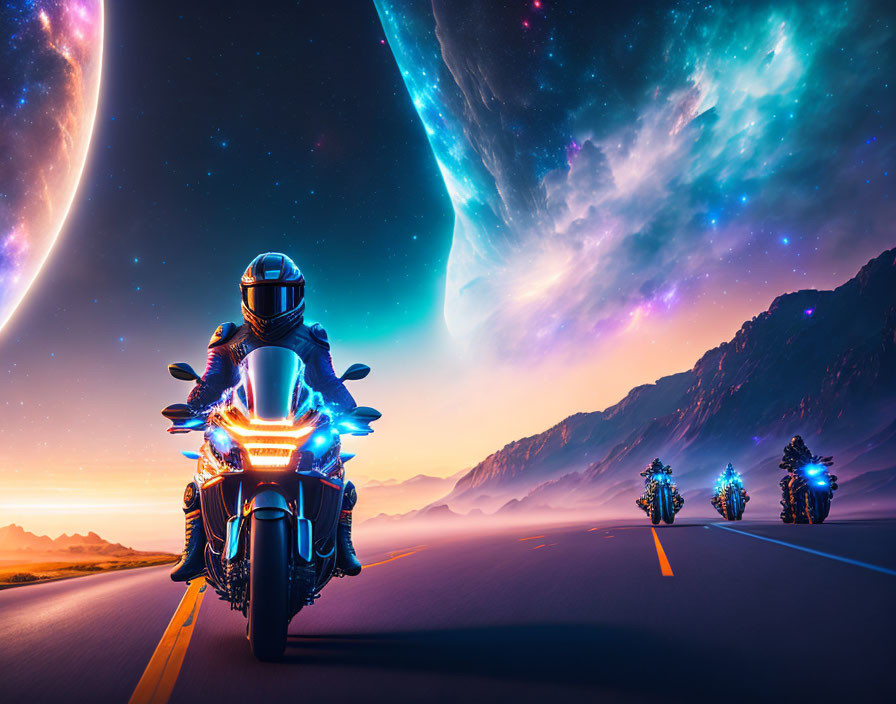 Motorcyclists on road at dusk with cosmic sky and mountains