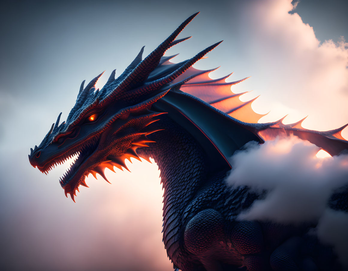 Majestic dragon with sharp scales and horns in twilight sky