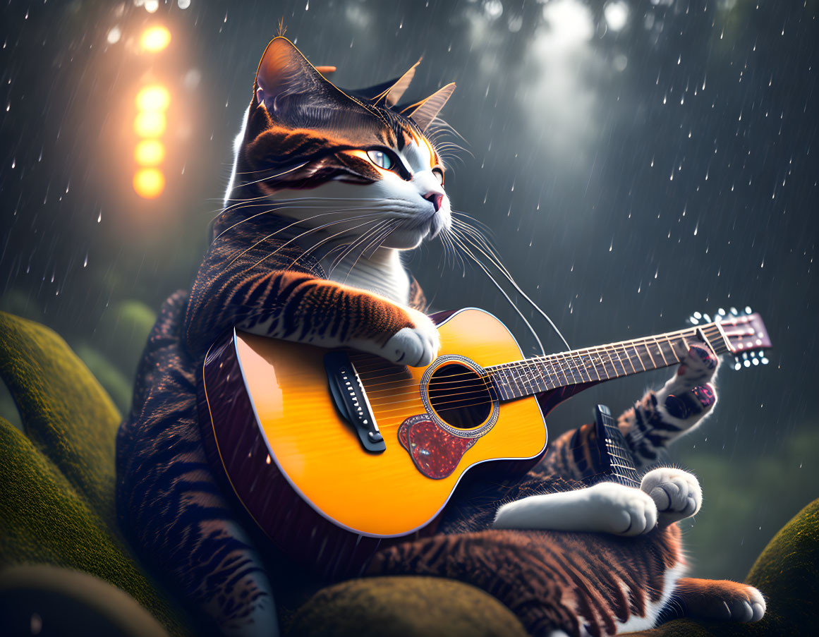 Digital Artwork: Cat Playing Guitar on Mossy Rocks in Rain