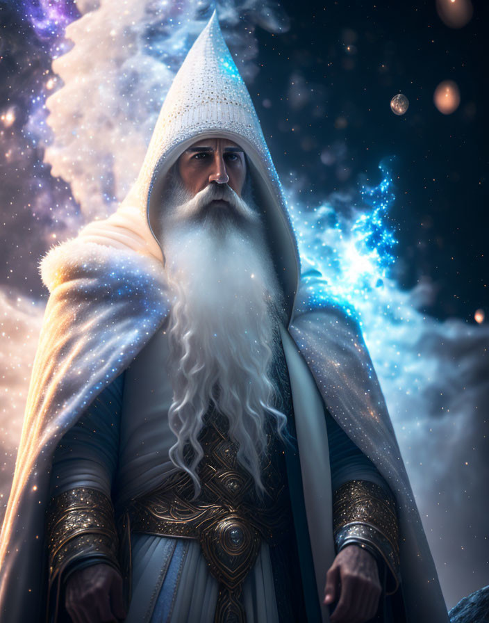 White-bearded wizard in starry cloak against cosmic backdrop