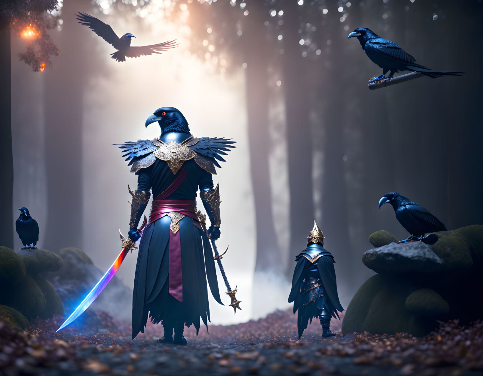 Raven-headed knight wields glowing sword in mystical forest