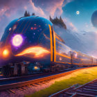 Futuristic train under dramatic sky with shimmering lights