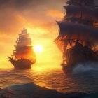 Majestic sailing ships at sunset on the ocean