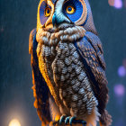 Detailed anthropomorphic owl illustration with lantern in rain