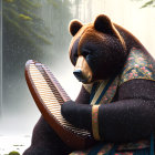 Anthropomorphic bear in Japanese attire playing koto in snowy forest