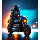 Motorcyclist in black helmet and leather outfit on bike at night with city lights and rain.