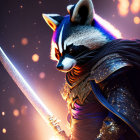 Anthropomorphic raccoon in regal armor with glowing sword against cosmic backdrop