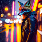 Anthropomorphic fox on motorcycle in futuristic urban scene