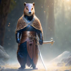 Anthropomorphic beaver warrior in forest with sword and armor