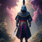 Regal armor-clad rabbit wields sword in cosmic setting