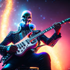 Glowing skull mask guitarist plays electric guitar in cosmic setting