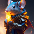 Anthropomorphic mouse in fantasy armor with magical flame and mystical background