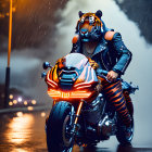 Person in Tiger-Themed Outfit Riding Motorcycle in Rainy City Street