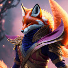 Two anthropomorphic foxes in ornate purple armor on floating rocks.