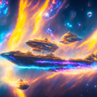 Colorful space artwork with nebulae and spacecrafts