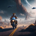 Futuristic motorcycle rider in desert landscape with towering rock formations