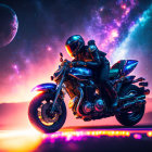 Motorcyclist in Full-Body Suit and Glowing Bike on Reflective Surface