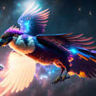 Majestic cosmic eagle soaring through space with star-filled feathers