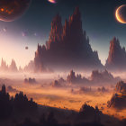 Fantastical landscape with towering rock formations under alien sky