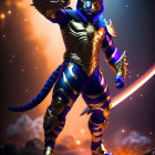 Blue-furred armored tiger humanoid in cosmic setting