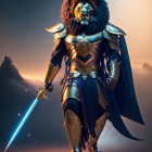 Majestic lion-headed warrior in golden armor wields blue sword