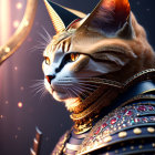 Majestic cat in samurai armor against glowing backdrop