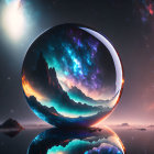 Surreal landscape with reflective cosmic scenes, mountains, nebulae, starry sky