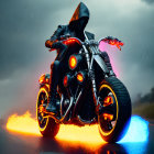 Person in hoodie on motorcycle with glowing red accents riding on wet road under stormy sky.